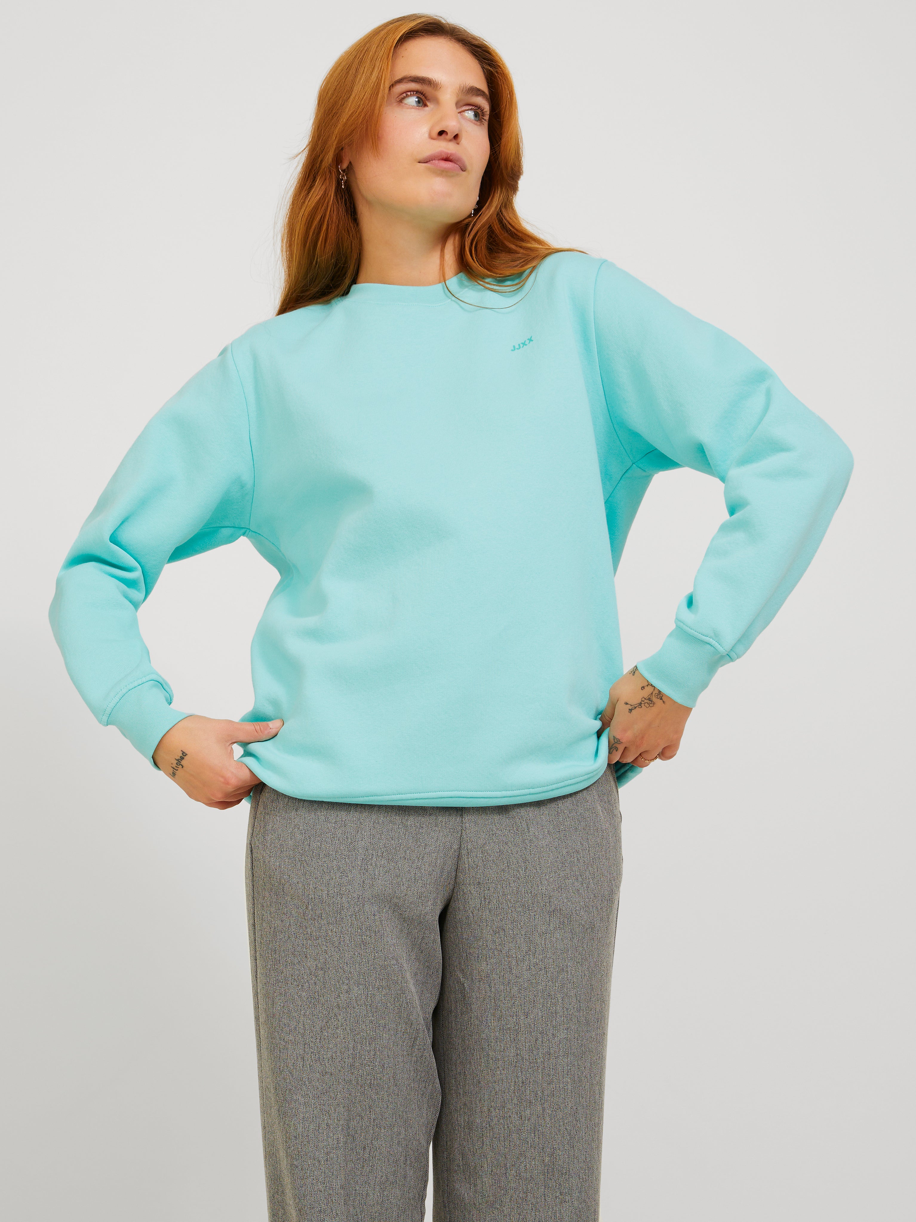 turquoise blue sweatshirt